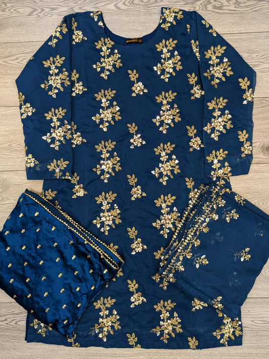 Blue colour pearl and zari embroidery chiffon fabric shalwar kameez (or sharara) suit in sizes (S to 7XL) womenswear traditional dress plus size - AdoreByKhwahish