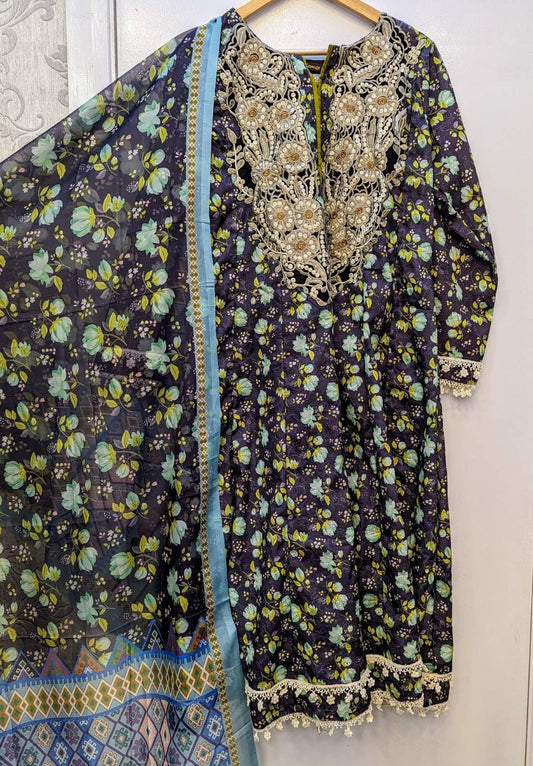 Bonanza charcoal grey colour embroidered and floral print chikan cotton fabric dress with printed dupatta and trousers in sizes (S to 5XL) womenswear traditional dress cotton plus size - AdoreByKhwahish