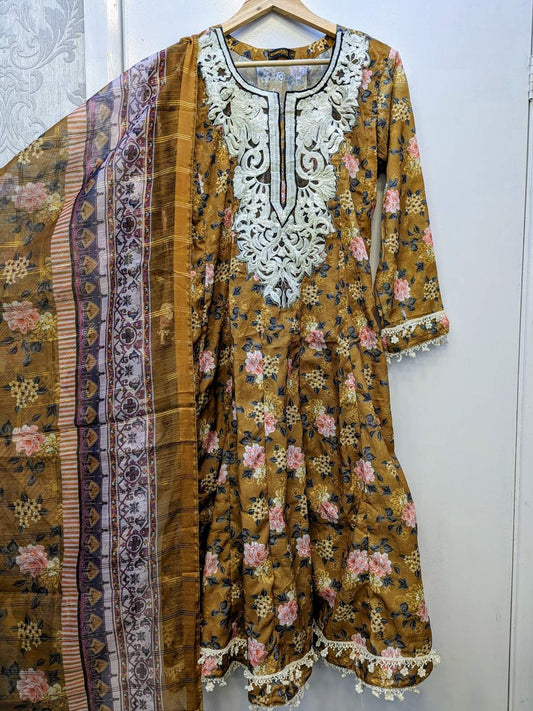 Bonanza dark mustard colour embroidered and floral print chikan cotton fabric dress with printed dupatta and trousers in sizes (S to 5XL) womenswear traditional dress cotton plus size - AdoreByKhwahish