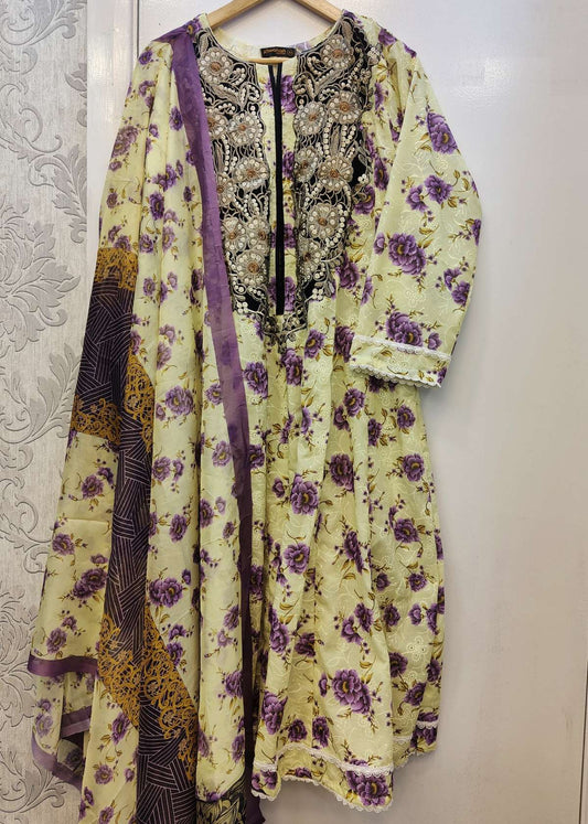 Bonanza light yellow and purple colour embroidered and floral print chikan cotton fabric dress with printed dupatta and trousers in sizes (S to 5XL) womenswear traditional dress cotton plus size - AdoreByKhwahish