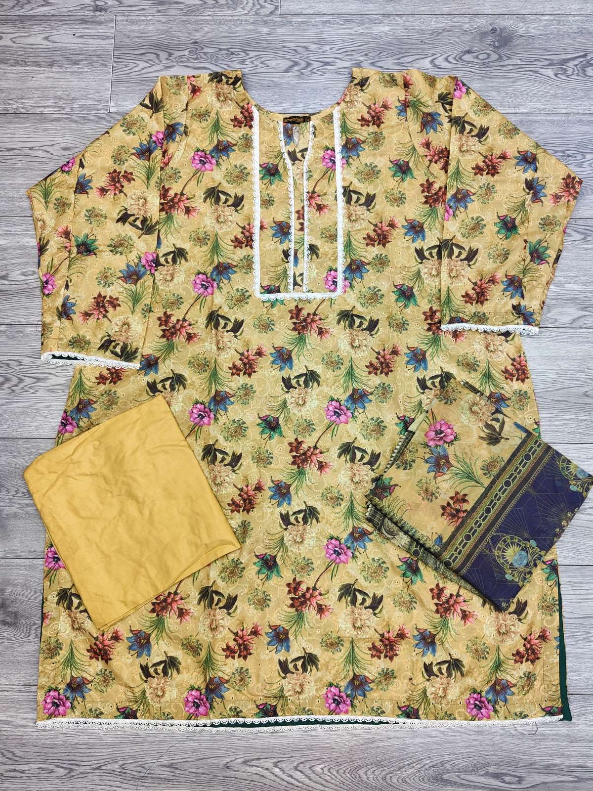 Bonanza mustard and green colour embroidered and floral print chikan cotton fabric shalwar kameez with printed dupatta in sizes (6XL to 8XL) womenswear traditional dress cotton plus size - AdoreByKhwahish