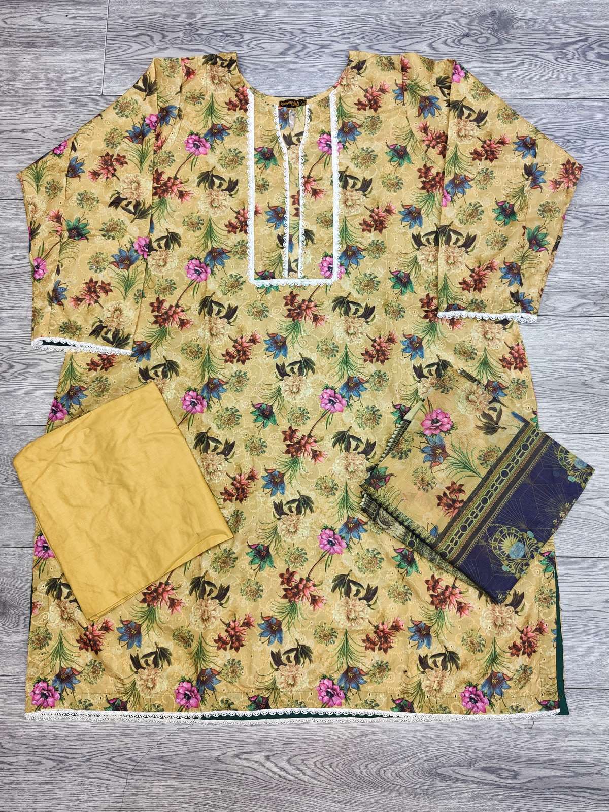 Bonanza mustard and green colour embroidered and floral print chikan cotton fabric shalwar kameez with printed dupatta in sizes (6XL to 8XL) womenswear traditional dress cotton plus size - AdoreByKhwahish