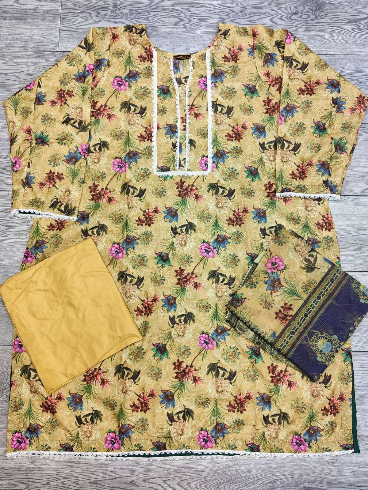 Bonanza mustard and green colour embroidered and floral print chikan cotton fabric shalwar kameez with printed dupatta in sizes (6XL to 8XL) womenswear traditional dress cotton plus size - AdoreByKhwahish