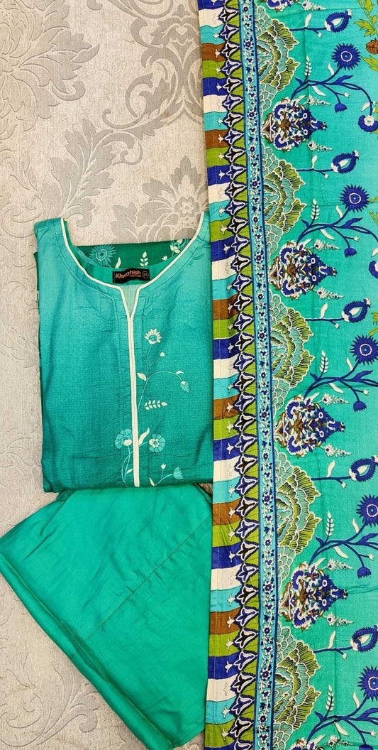 Bright mint green colour floral print excellent quality linen fabric shalwar kameez in sizes (S to 7XL) womenswear traditional plus size - AdoreByKhwahish