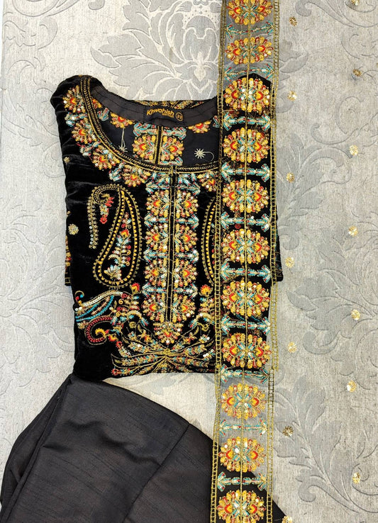 BRQ Black Velvet With Gold Embroidery Shalwar Kameez Embroidered Dupatta in Sizes (S to 7XL) - AdoreByKhwahish