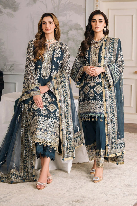 BRQ zinc blue with gold colour hand embellished chiffon fabric shalwar kameez with embroidery chiffon dupatta in sizes (S to 3XL) womenswear traditional plus size - AdoreByKhwahish