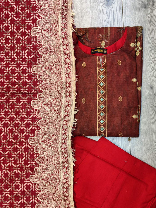 Burgundy colour floral print excellent quality dhanak fabric with shawl winter collection shalwar kameez in sizes (S to 7XL) womenswear traditional plus size - AdoreByKhwahish