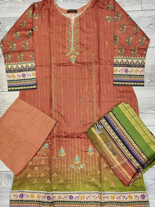 Burnt Orange and Green colour embroidered cotton fabric shalwar kameez with cotton dupatta in sizes (L to 7XL) womenswear traditional plus size comfort clothing - AdoreByKhwahish