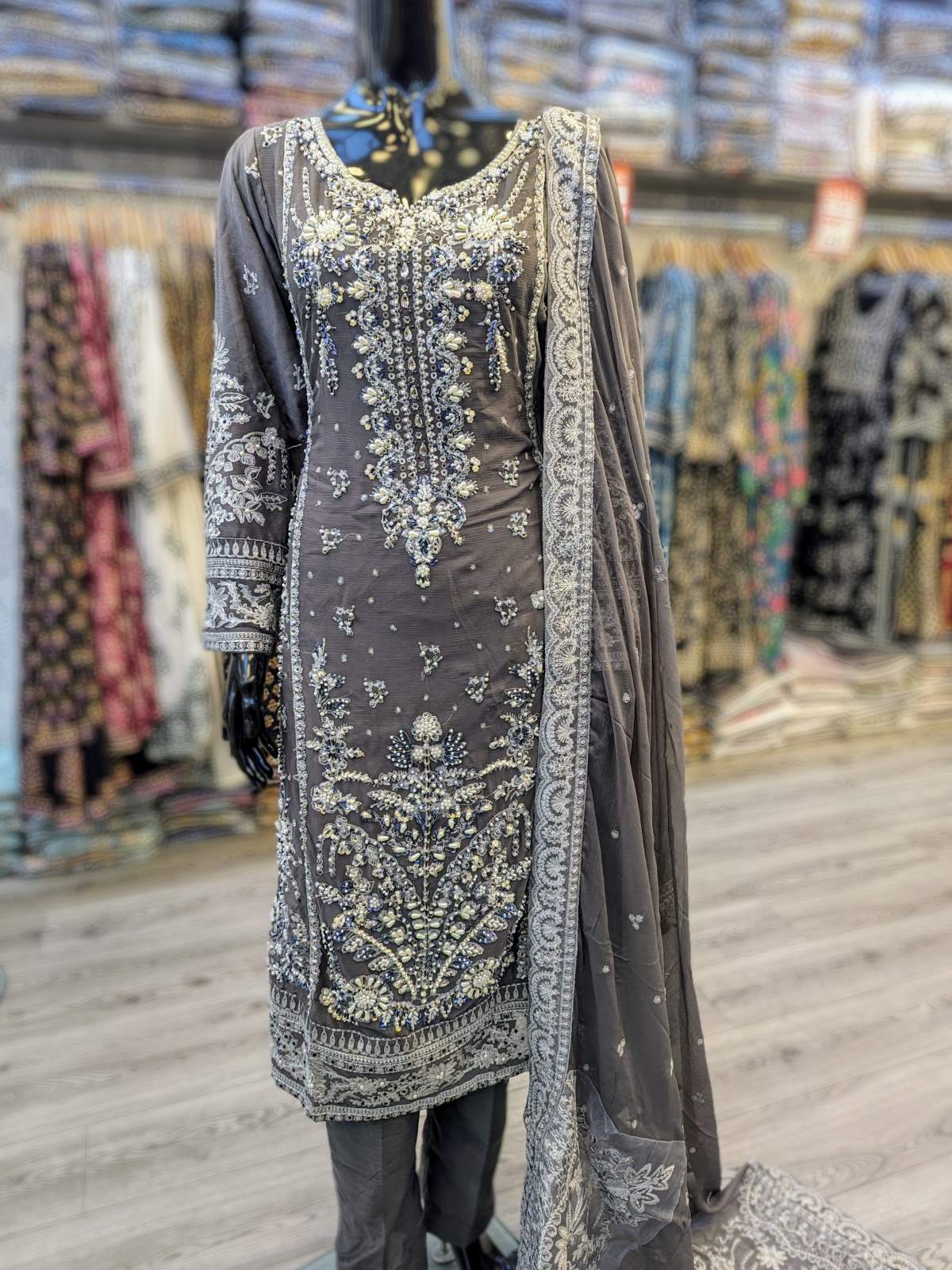 Charcoal grey colour with silver pearls and stonework hand embellished shalwar kameez in chiffon fabric with embroidered dupatta in sizes (M to 7XL) womenswear traditional dress plus size - AdoreByKhwahish