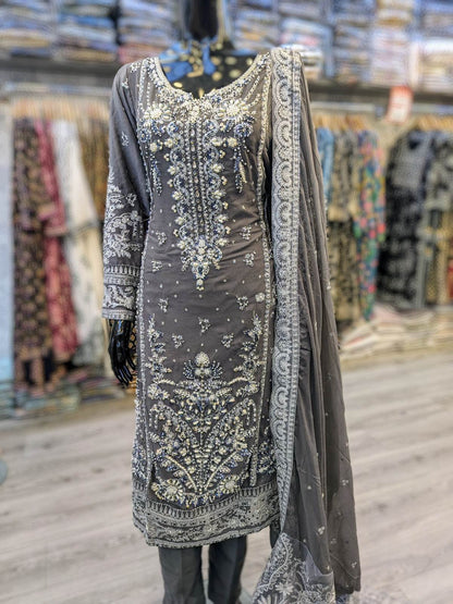 Charcoal grey colour with silver pearls and stonework hand embellished shalwar kameez in chiffon fabric with embroidered dupatta in sizes (M to 7XL) womenswear traditional dress plus size - AdoreByKhwahish