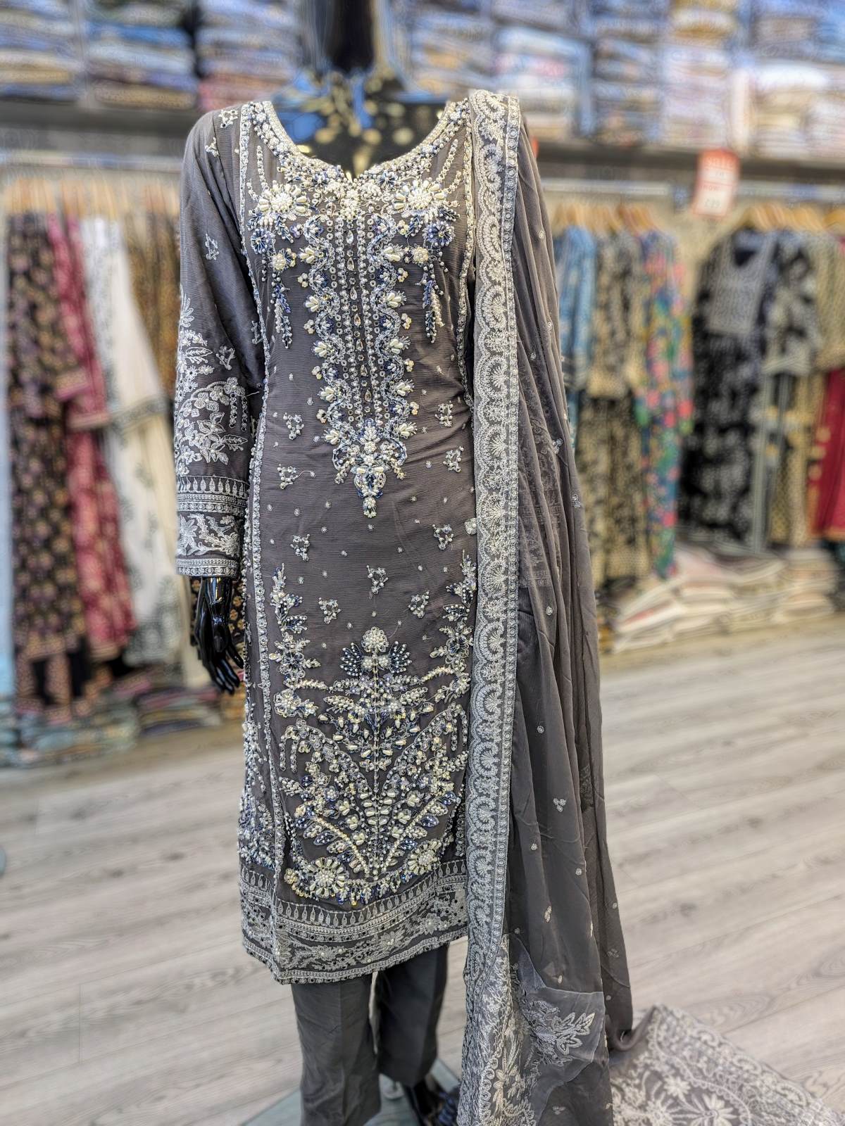 Charcoal grey colour with silver pearls and stonework hand embellished shalwar kameez in chiffon fabric with embroidered dupatta in sizes (M to 7XL) womenswear traditional dress plus size - AdoreByKhwahish