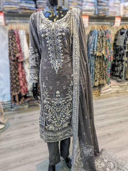 Charcoal grey colour with silver pearls and stonework hand embellished shalwar kameez in chiffon fabric with embroidered dupatta in sizes (M to 7XL) womenswear traditional dress plus size - AdoreByKhwahish