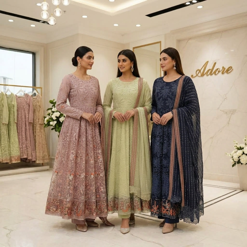 Luxury Heavy Embroidered Chiffon Maxi - Pearl Work - Intricately Embroidered Chiffon Dupatta — Midnight Sapphire, Soft Pistachio and Dusty Antique Rose