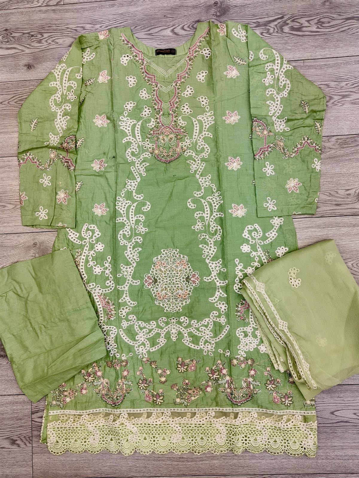 CRM Mint Green colour embroidered cotton fabric Shalwar kameez with chiffon embroidered dupatta in sizes [M to 8XL] womenswear traditional plus size clothing - AdoreByKhwahish