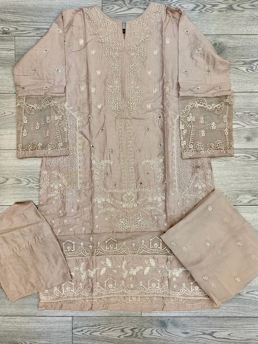 CRM Nude colour embroidered cotton fabric shalwar kameez with chiffon embroidered dupatta in sizes [M to 8XL] womenswear traditional plus size clothing - AdoreByKhwahish