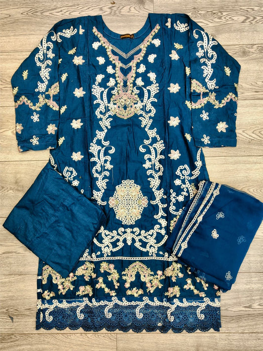 CRM Persian Blue colour embroidered cotton fabric Shalwar kameez with chiffon embroidered dupatta in sizes [M to 8XL] womenswear traditional plus size clothing - AdoreByKhwahish