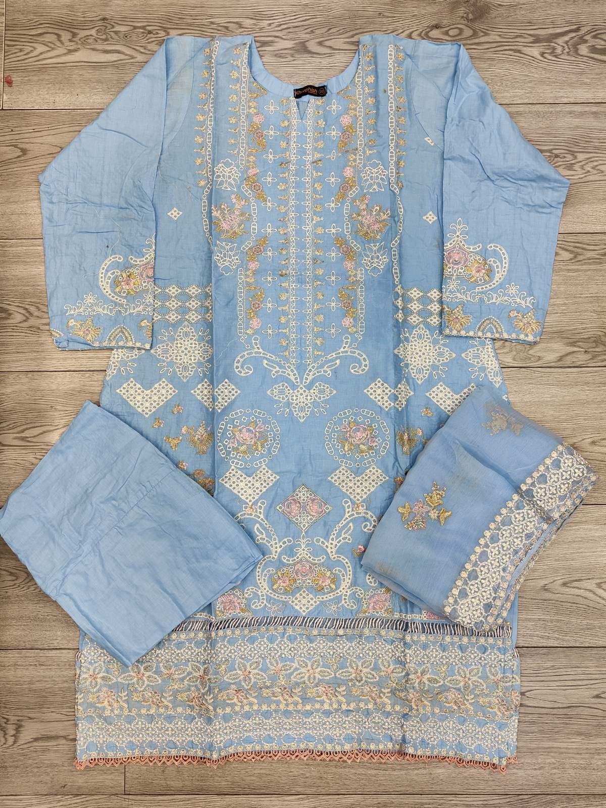 CRM Sky blue colour embroidered shalwar kameez and embroidered dupatta in chiffon fabric in sizes [M to 8XL] womenswear traditional plus size clothing - AdoreByKhwahish