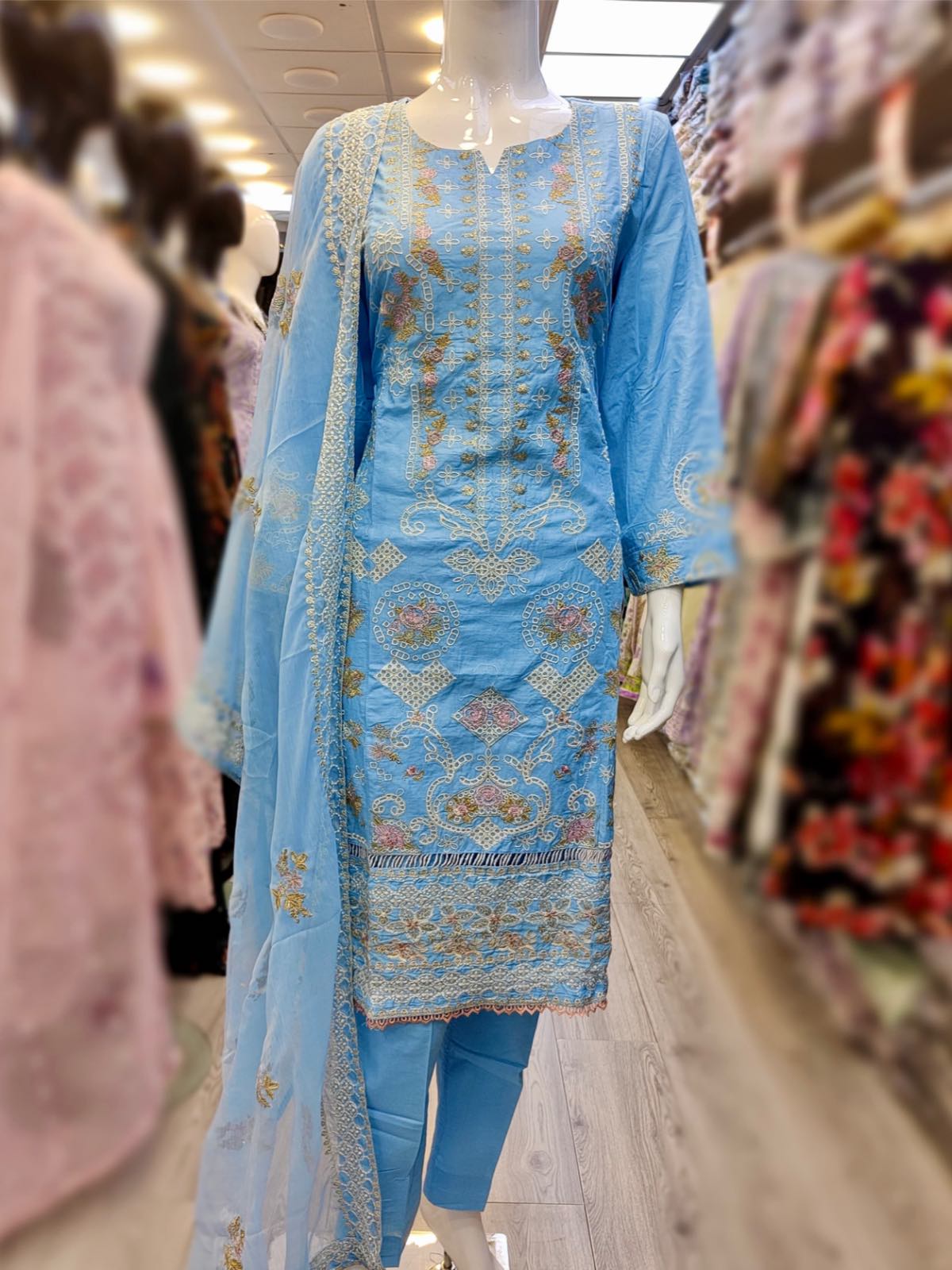 CRM Sky blue colour embroidered shalwar kameez and embroidered dupatta in chiffon fabric in sizes [M to 8XL] womenswear traditional plus size clothing - AdoreByKhwahish