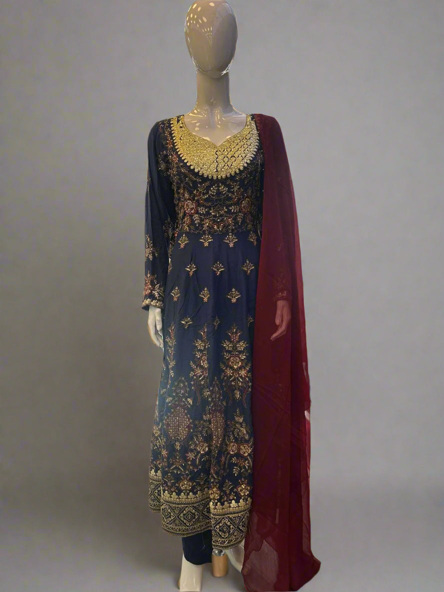 Navy blue with antique gold and red colour all over thread and zari embroidery dress in linen fabric with dupatta trousers in sizes (M to 7XL)-womenswear traditional plus size comfort dress