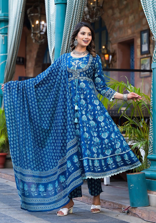 Dark and Light Blue Colour Delicate Embroidered and Printed Cotton Long Dress in Sizes (S to 2XL) With Cotton Duppatta and trousers womenswear cotton dress comfort clothing - AdoreByKhwahish