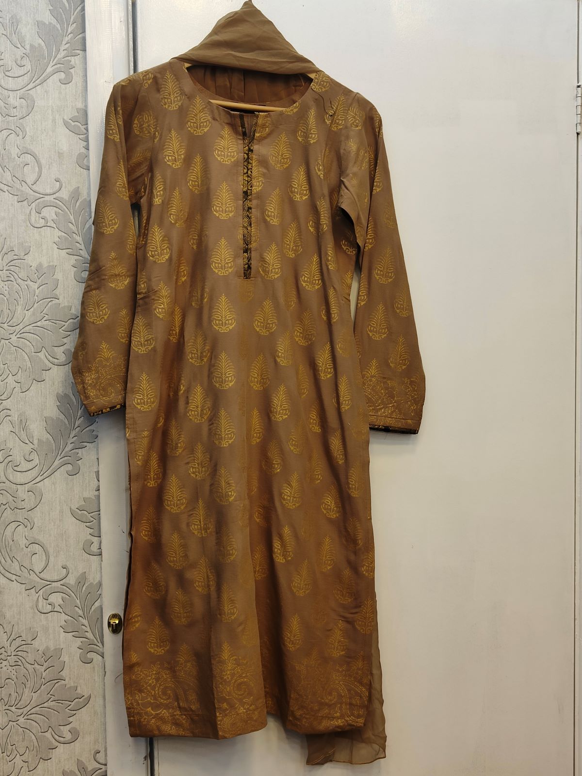 Dark Brown And Golden Colour Printed Shalwar Kameez in Lilen Fabric Sizes (S to 2XL) - AdoreByKhwahish