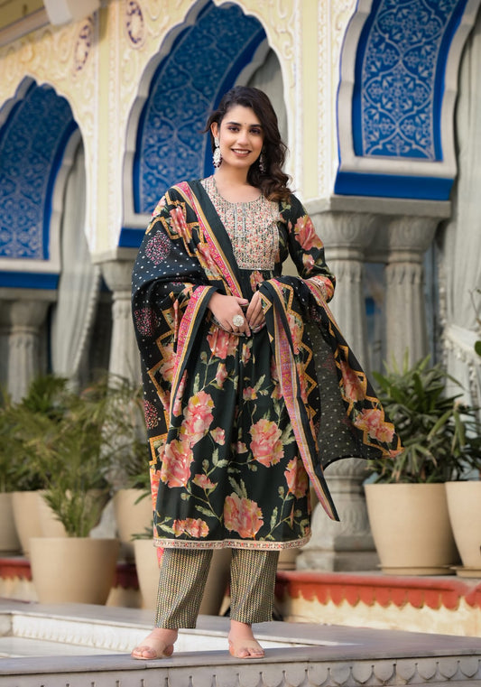 Dark Green and Pink Colour Floral Print Nyra Cut Trouser Suit with Hand Embroidery Cotton Silk Fabric in Sizes (S to 2XL) Womenswear Traditional - AdoreByKhwahish