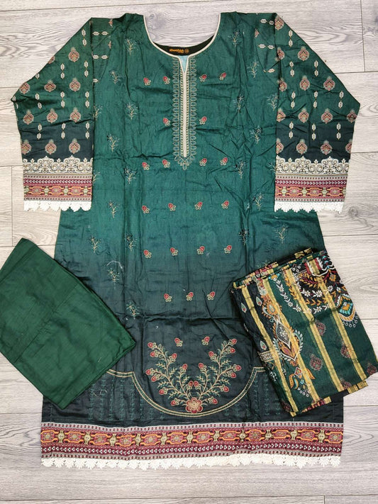 Dark Green colour embroidered cotton fabric shalwar kameez with cotton dupatta in sizes (2XL to 7XL) womenswear traditional plus size comfort clothing - AdoreByKhwahish