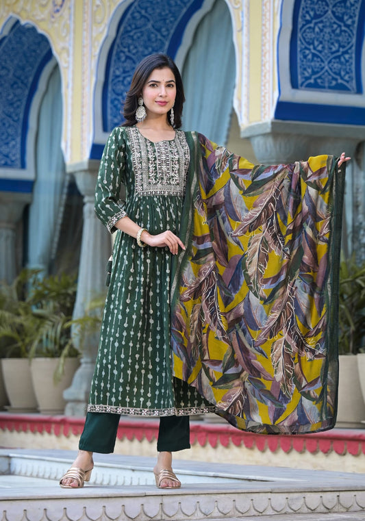 Dark Green with Mustard Nyra Cut Embroidery Trouser Suit Cotton Silk Fabric in Sizes (S to 2XL) Womenswear Traditional Comfort Clothing - AdoreByKhwahish