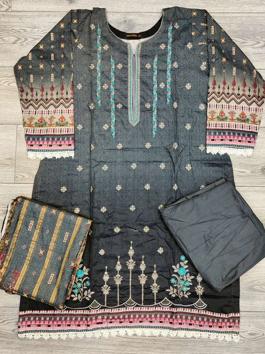 Dark grey colour embroidered cotton fabric shalwar kameez with cotton dupatta in sizes (S to 7XL) womenswear traditional plus size comfort clothing - AdoreByKhwahish