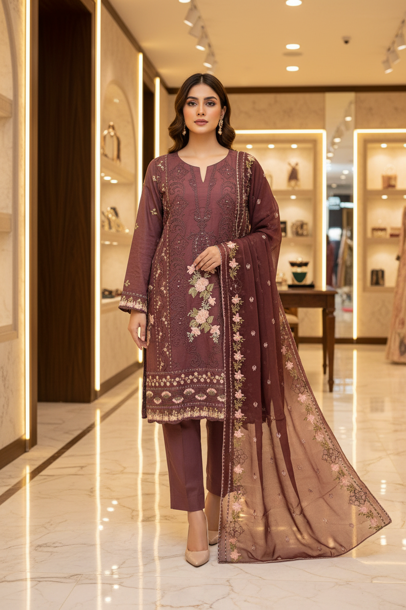 QMR Cocoa Bean Linen Suit | Symmetrical Embroidery with Blush Floral Bouquets, Ornamental Geometric Threadwork and Vintage Floral Motifs | Festive Days and Family Gatherings