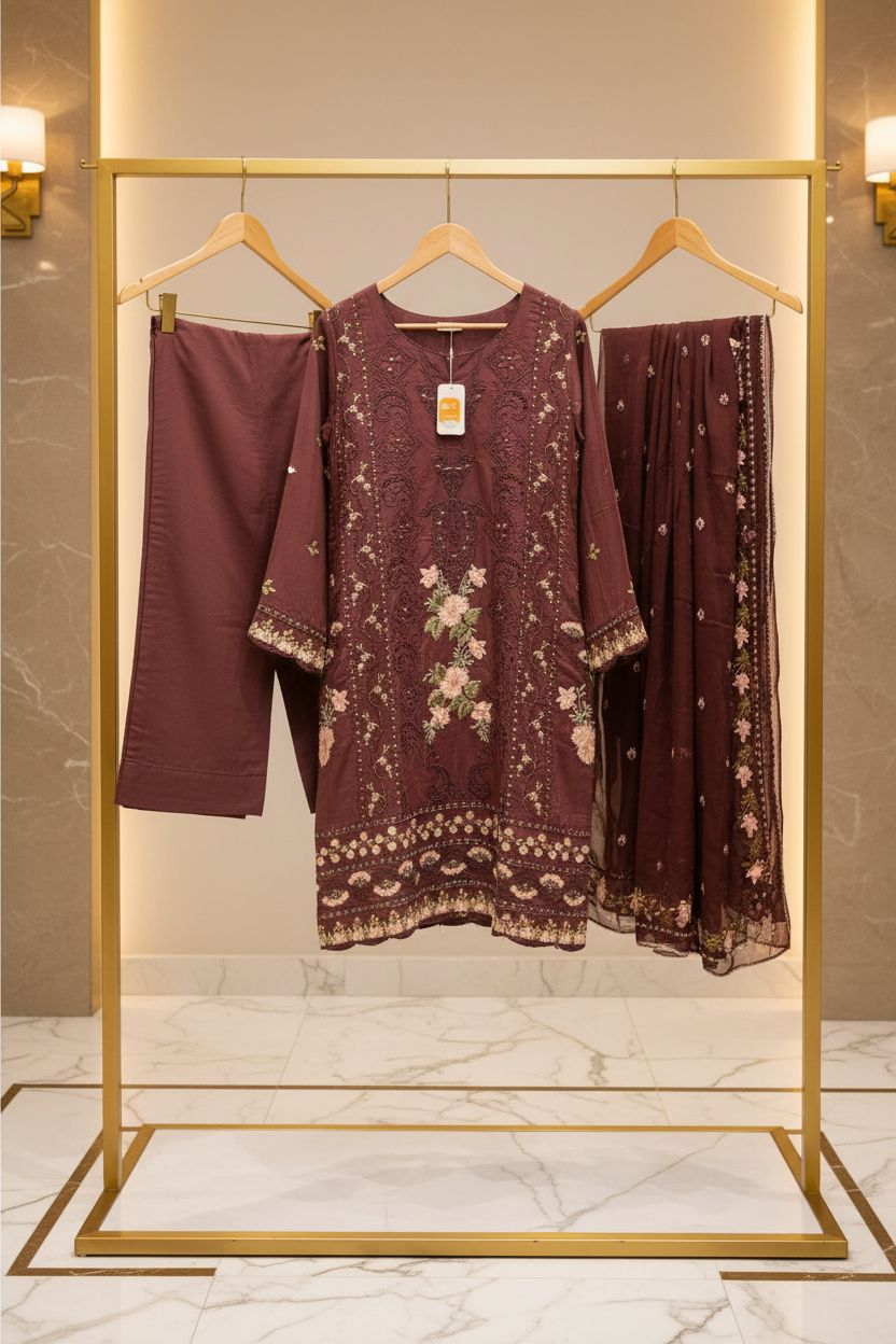 QMR Cocoa Bean Linen Suit | Symmetrical Embroidery with Blush Floral Bouquets, Ornamental Geometric Threadwork and Vintage Floral Motifs | Festive Days and Family Gatherings