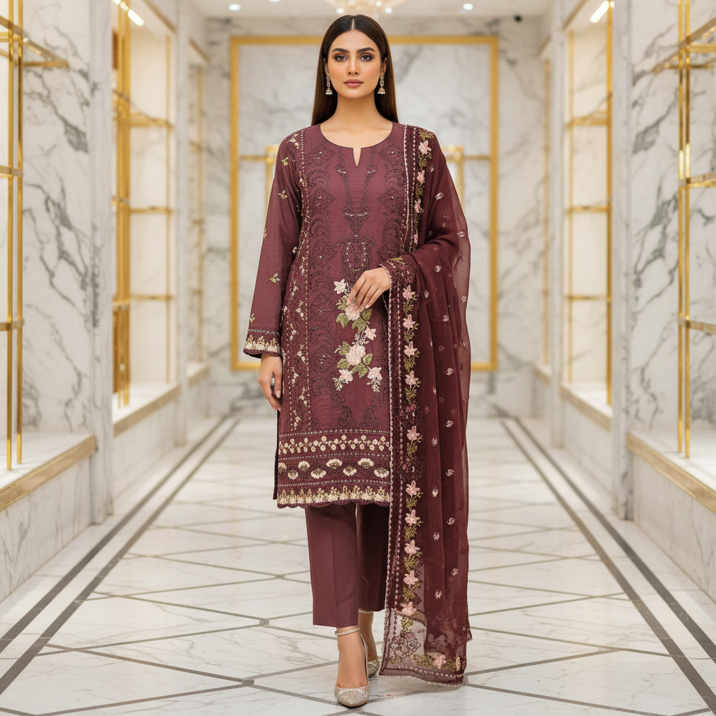 QMR Cocoa Bean Linen Suit | Symmetrical Embroidery with Blush Floral Bouquets, Ornamental Geometric Threadwork and Vintage Floral Motifs | Festive Days and Family Gatherings