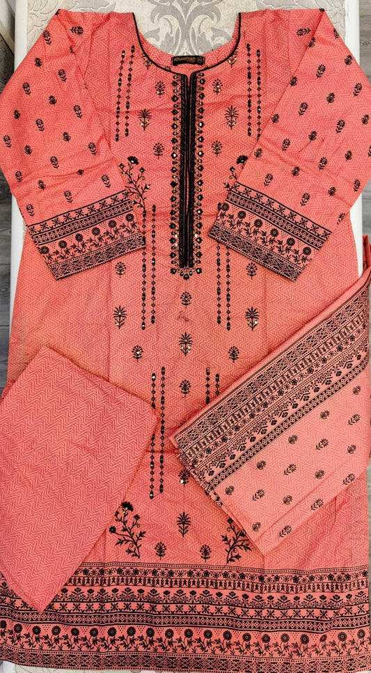 Designer Cotton Coral Pink with Black Colour Embroidery Print Cotton Dupatta Shalwar Kameez in Sizes (S to 7XL) Womenswear Traditional Plus size - AdoreByKhwahish