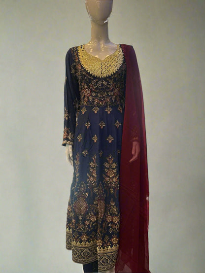 Navy blue with antique gold and red colour all over thread and zari embroidery dress in linen fabric with dupatta trousers in sizes (M to 7XL)-womenswear traditional plus size comfort dress