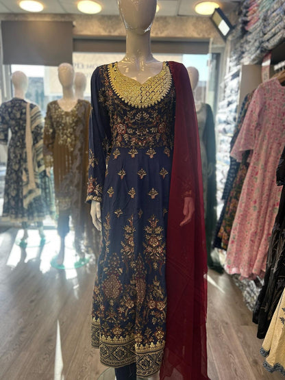 Navy blue with antique gold and red colour all over thread and zari embroidery dress in linen fabric with dupatta trousers in sizes (M to 7XL)-womenswear traditional plus size comfort dress