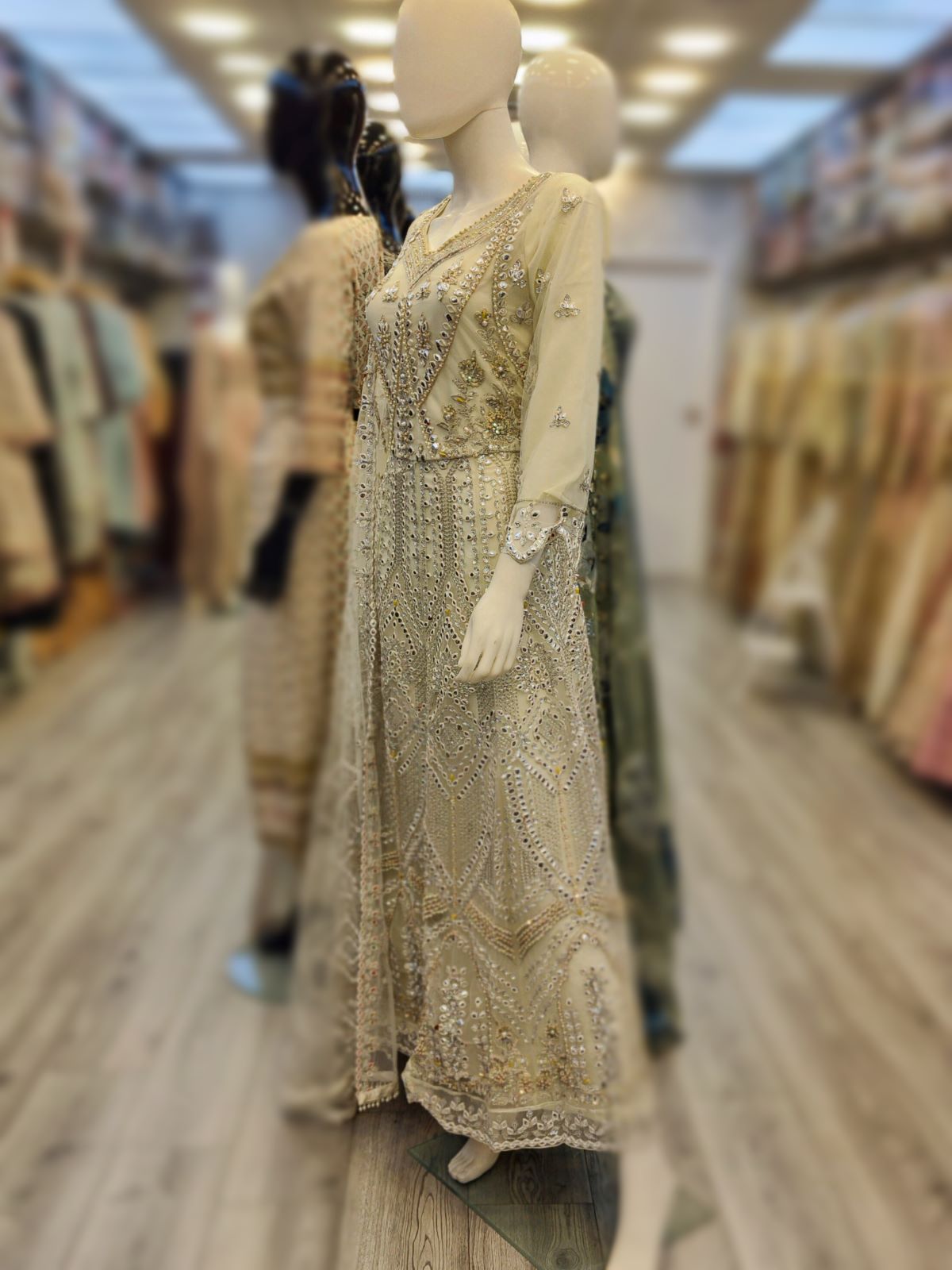 EA off - white colour net handmade foil work embroidered long dress and dupatta embroidery womenswear plus size traditional dress - AdoreByKhwahish