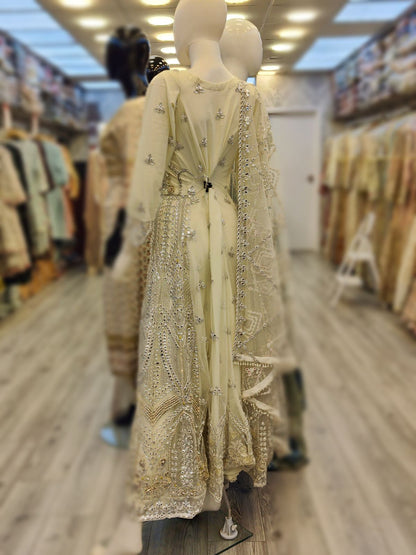 EA off - white colour net handmade foil work embroidered long dress and dupatta embroidery womenswear plus size traditional dress - AdoreByKhwahish