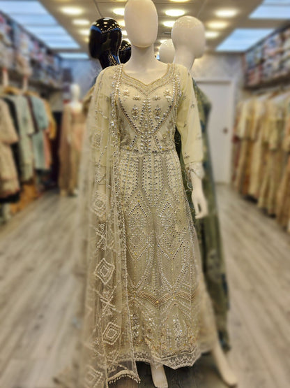 EA off - white colour net handmade foil work embroidered long dress and dupatta embroidery womenswear plus size traditional dress - AdoreByKhwahish