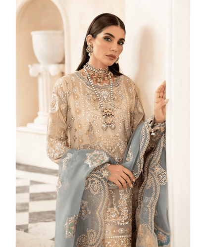 EF off - white with blue colour hand embellished organza fabric shalwar kameez with patch embroidery organza dupatta in sizes (S to 7XL) womenswear traditional plus size - AdoreByKhwahish