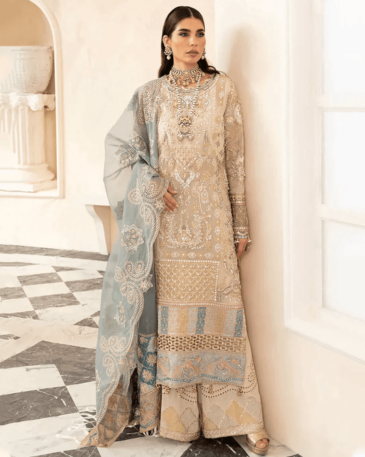 EF off - white with blue colour hand embellished organza fabric shalwar kameez with patch embroidery organza dupatta in sizes (S to 7XL) womenswear traditional plus size - AdoreByKhwahish