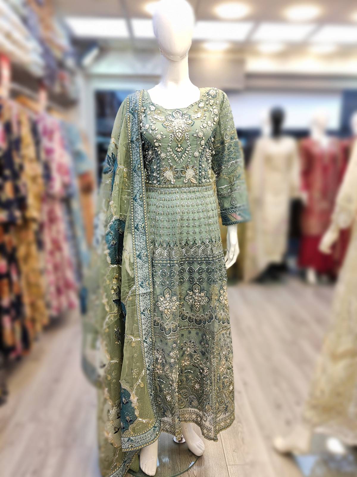 ELF powder blue colour organza hand embellished long dress and embroidery dupatta with silk patti womenswear plus size traditional dress - AdoreByKhwahish