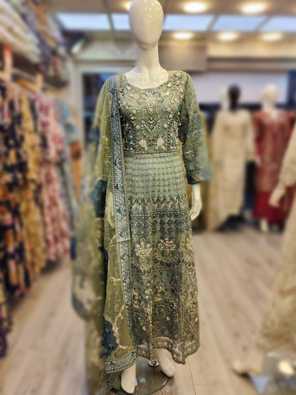 ELF powder blue colour organza hand embellished long dress and embroidery dupatta with silk patti womenswear plus size traditional dress - AdoreByKhwahish