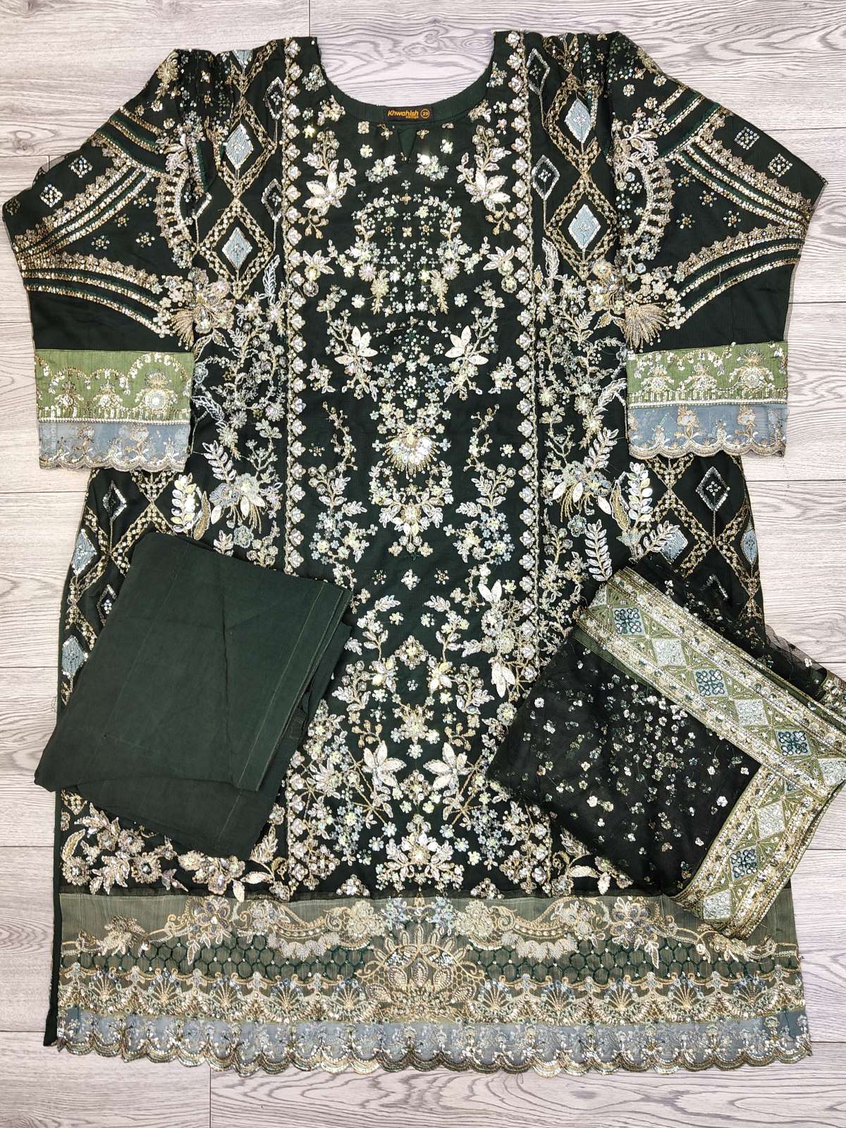 ELN dark green colour with silver hand embellishment shalwar kameez in net fabric with embroidered net dupatta in sizes (5XL to 7XL) womenswear traditional wedding outfit plus size - AdoreByKhwahish