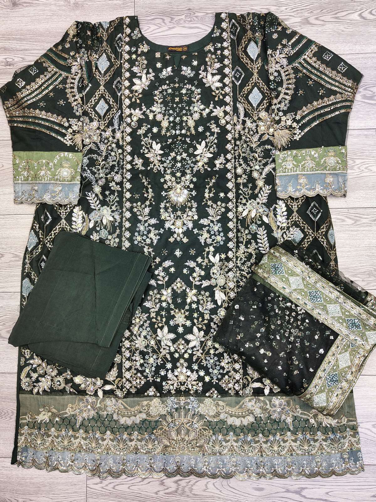 ELN dark green colour with silver hand embellishment shalwar kameez in net fabric with embroidered net dupatta in sizes (5XL to 7XL) womenswear traditional wedding outfit plus size - AdoreByKhwahish