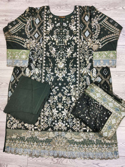 ELN dark green colour with silver hand embellishment shalwar kameez in net fabric with embroidered net dupatta in sizes (5XL to 7XL) womenswear traditional wedding outfit plus size - AdoreByKhwahish