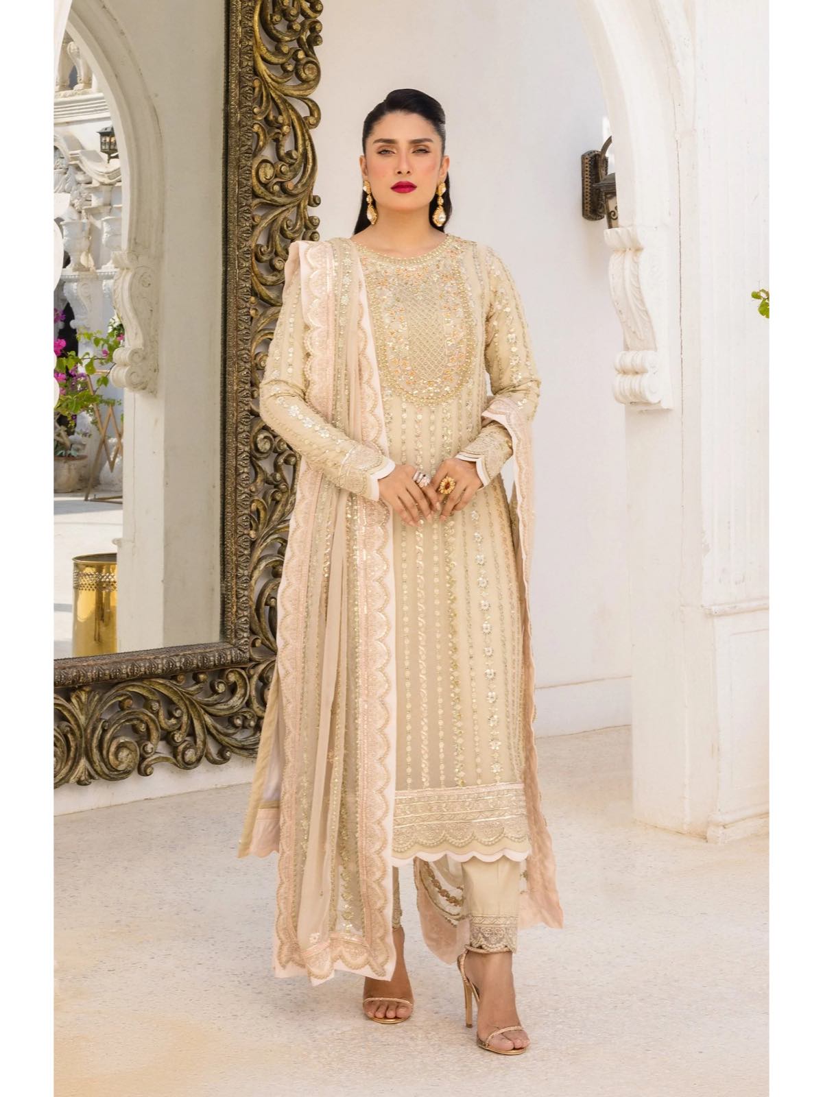 EMA zimal light gold colour hand embellished neck chiffon fabric and embroidered chiffon dupatta in sizes [M to 8XL] womenswear traditional plus size - AdoreByKhwahish