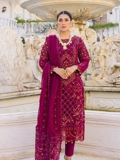 EMA Zimal plum colour hand embellished luxury formal shalwar kameez in chiffon fabric with embroidered dupatta in sizes (M to 8XL) womenswear traditional plus size clothing wedding and party wear - AdoreByKhwahish