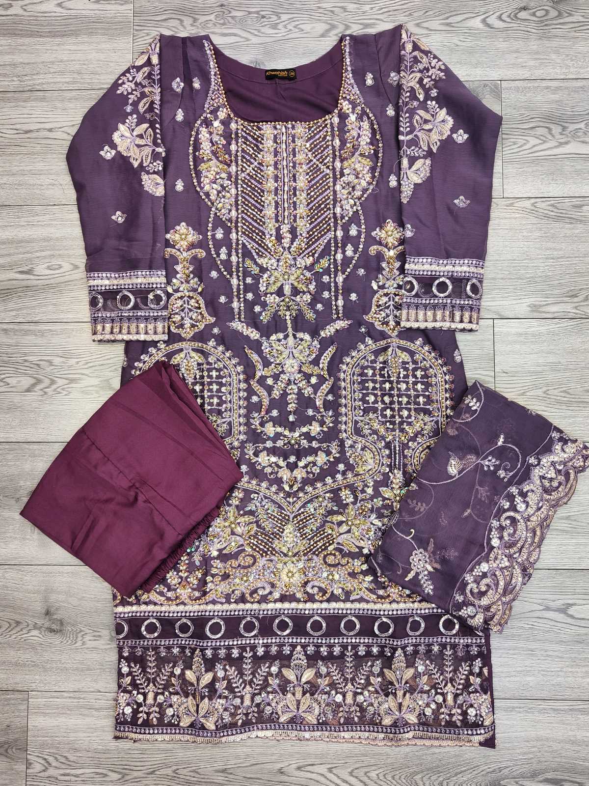 Eminence purple colour hand embellished shalwar kameez in chiffon fabric with embroidered dupatta in sizes (M to 8XL) womenswear traditional plus size clothing wedding and party wear - AdoreByKhwahish