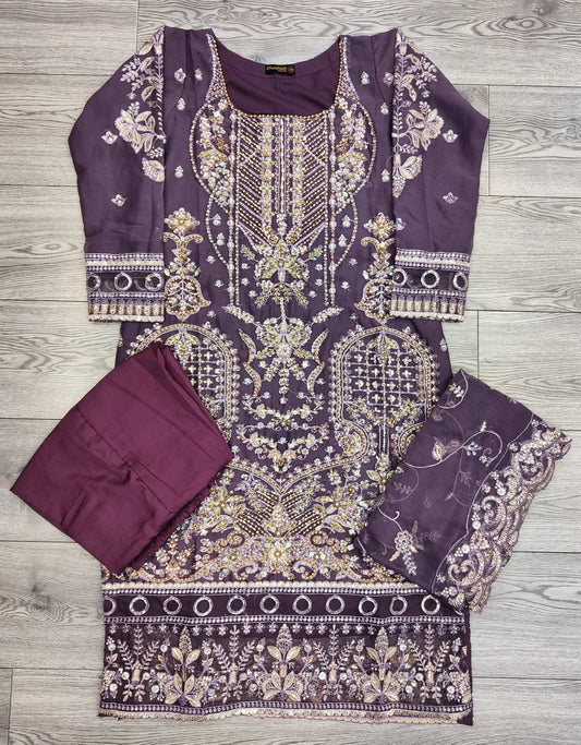 Eminence purple colour hand embellished shalwar kameez in chiffon fabric with embroidered dupatta in sizes (M to 8XL) womenswear traditional plus size clothing wedding and party wear - AdoreByKhwahish