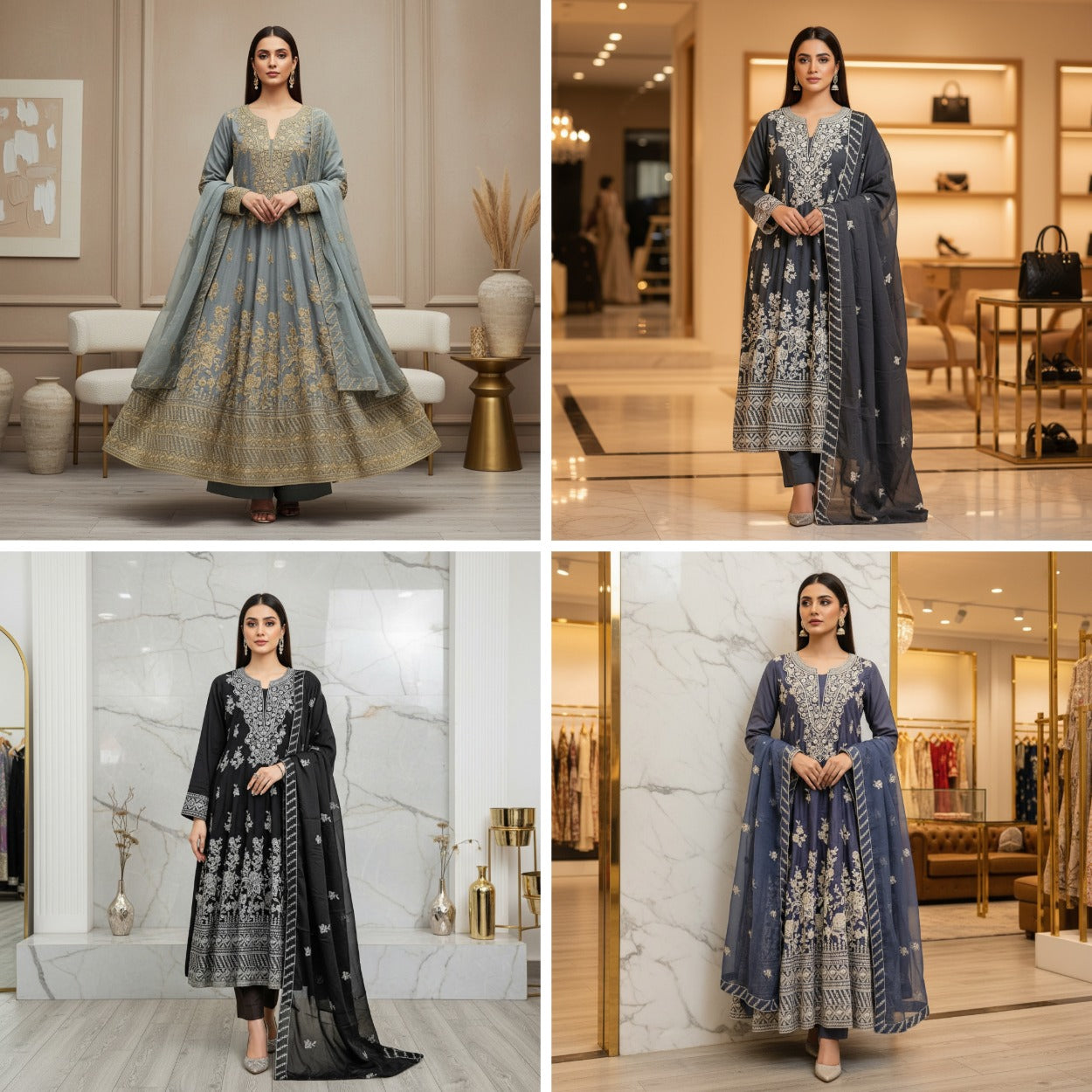 ETHN Embroidered Linen Viscose Festive Dress Set – Charcoal Grey, Soft Turquoise & Black